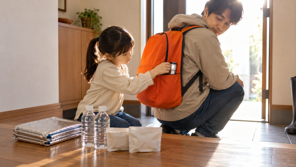 玄関で防災リュックを背負った父親と、ポケットにライトを入れる娘