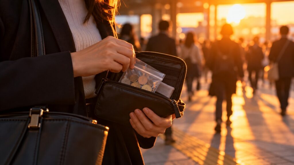 外出中の女性がバッグの防災ポーチに入れた非常用の小銭を確認する手元