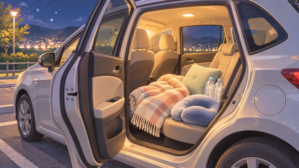 夜の車中泊避難で毛布や水、足を休めるクッションを備えた車内のイラスト