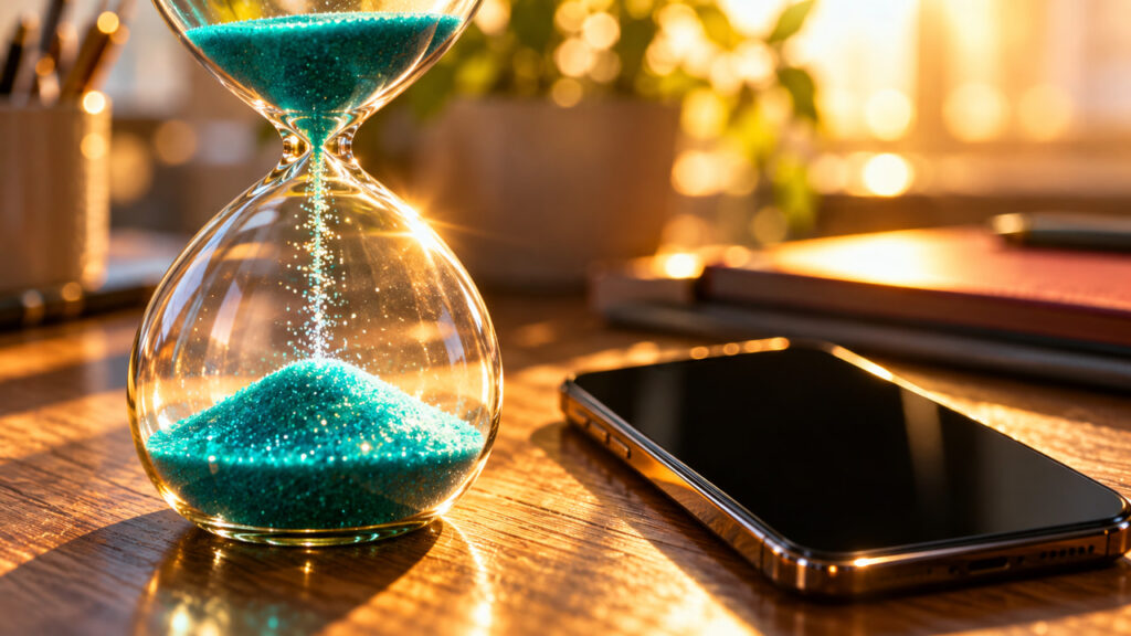 朝の光の中で砂が落ちる砂時計とスマートフォンが並ぶ短時間での調べもののイメージ