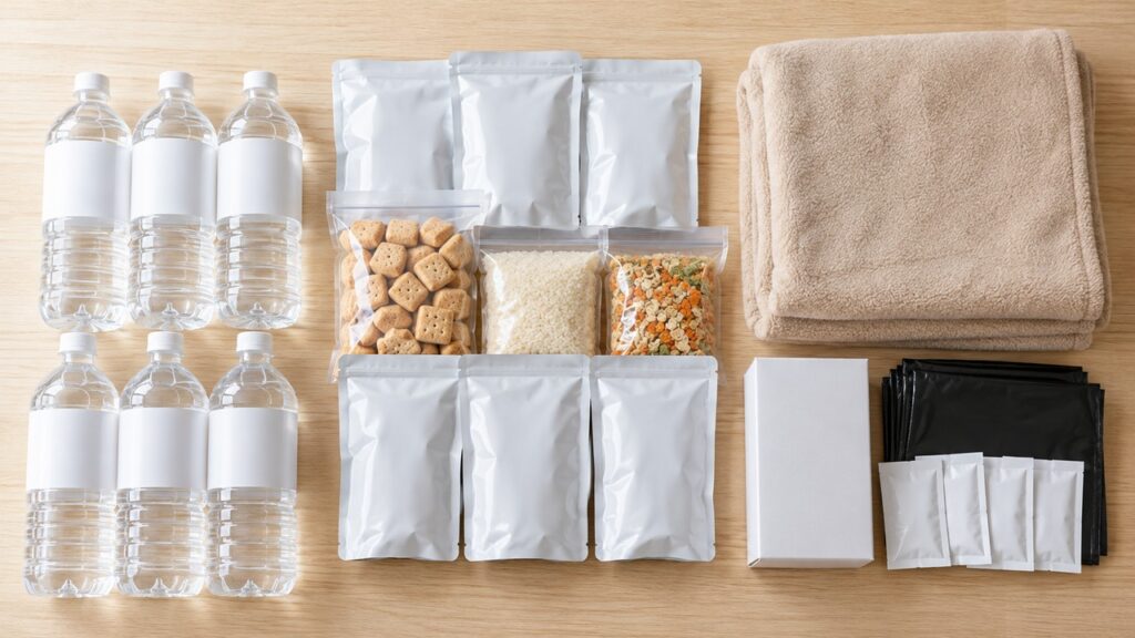 1人3日分の備蓄品を並べたイメージ