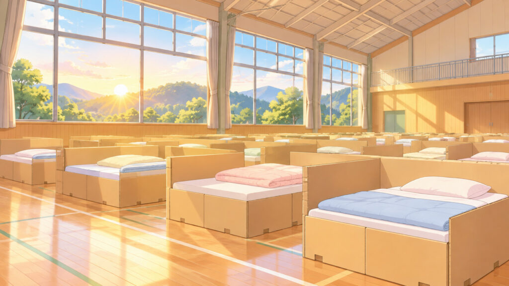 段ボールベッドが並ぶ避難所と、朝日に照らされた里山のイラスト
