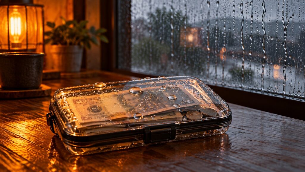 雨の日の室内で、水滴をはじく防水ケースに入れた非常用の現金