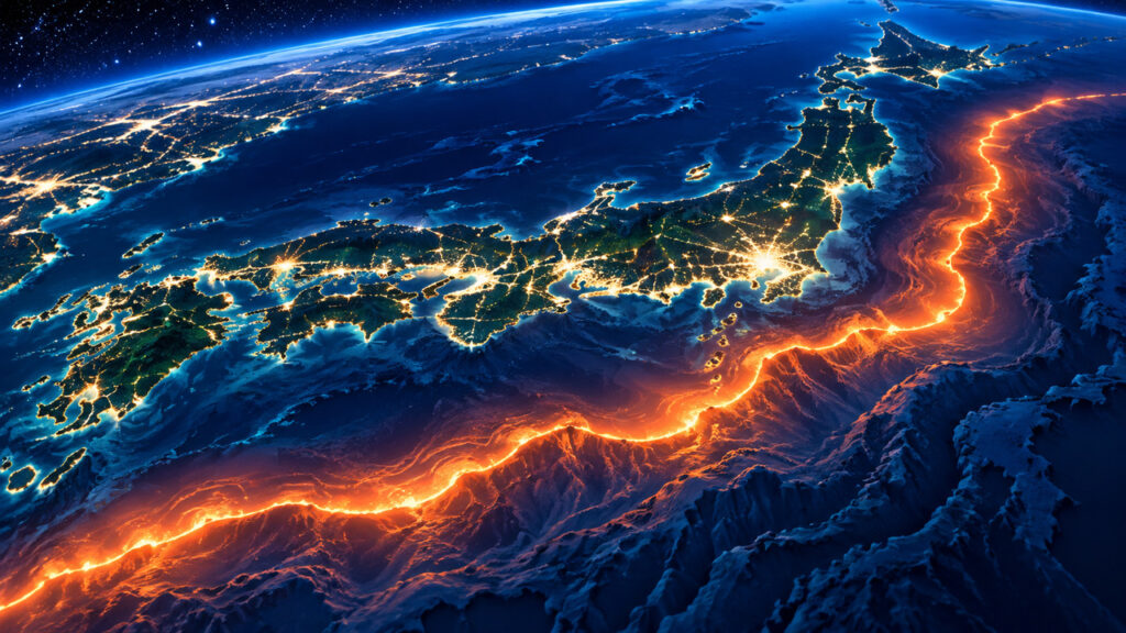 南海トラフに沿ってひずみがたまり続けている状態を表した、夜の海域の俯瞰イメージ