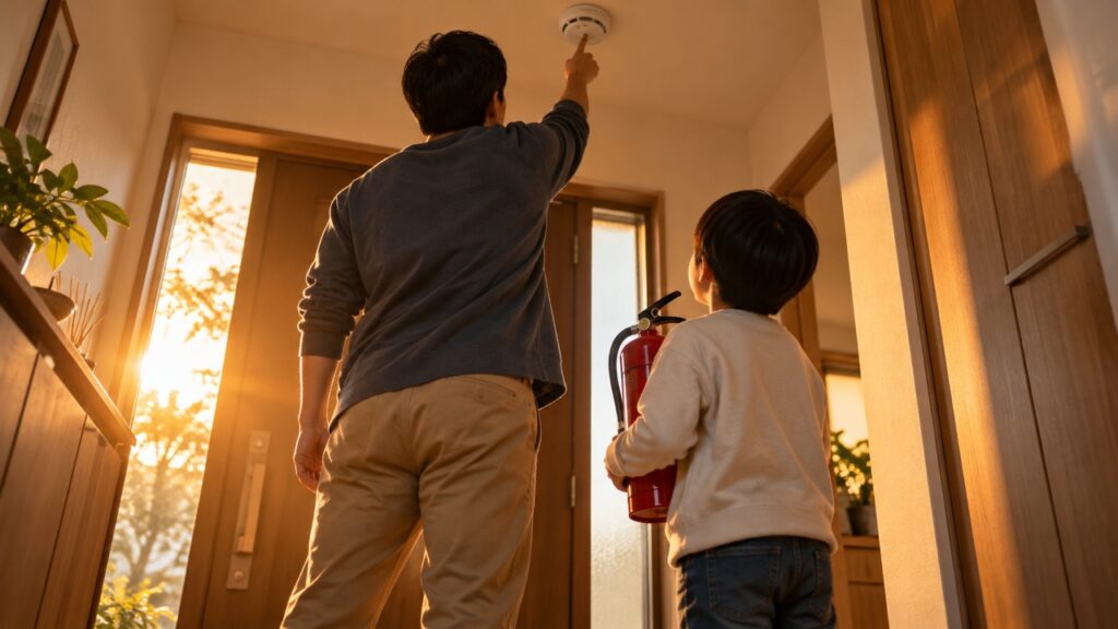 家族で住宅用火災警報器と消火器を確認する玄関のイメージ