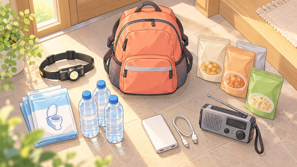 玄関に置かれた防災リュックと備蓄品を点検するイラスト