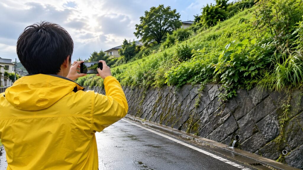 斜面から離れた場所から擁壁や排水口の様子をスマートフォンで撮る男性の後ろ姿