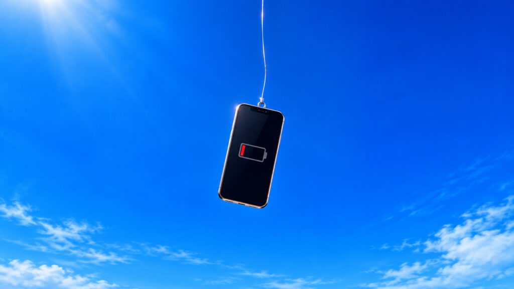 細い光の糸1本で吊られた電池残量わずかなスマホで、スマホだけに頼る危うさを表したイメージ