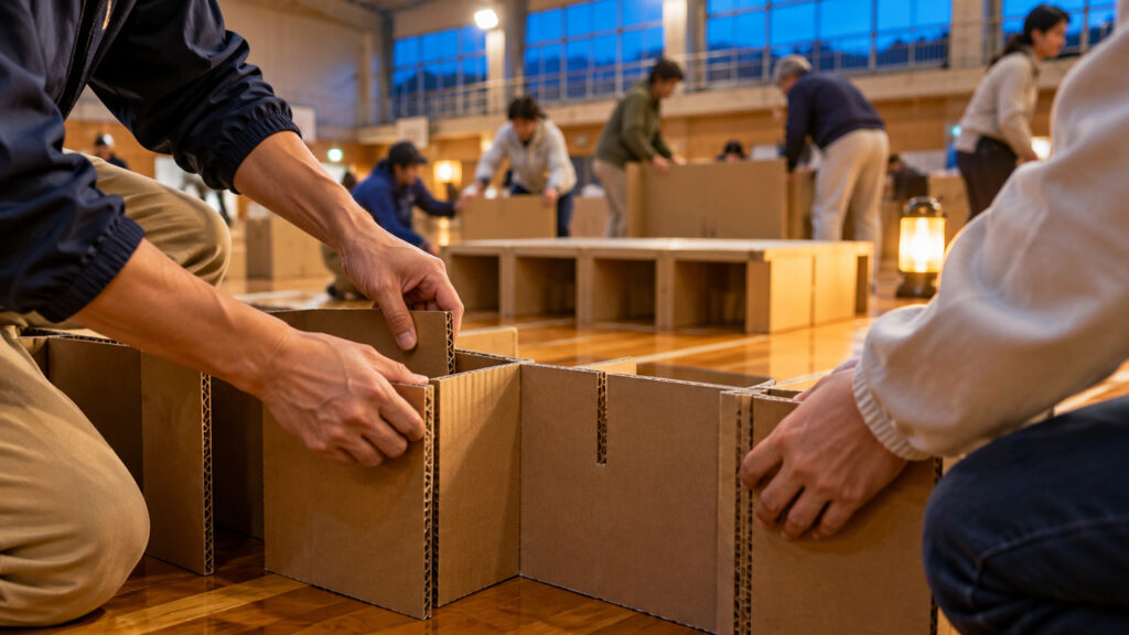 防災訓練で地域の人たちが段ボールベッドを組み立てるイメージ