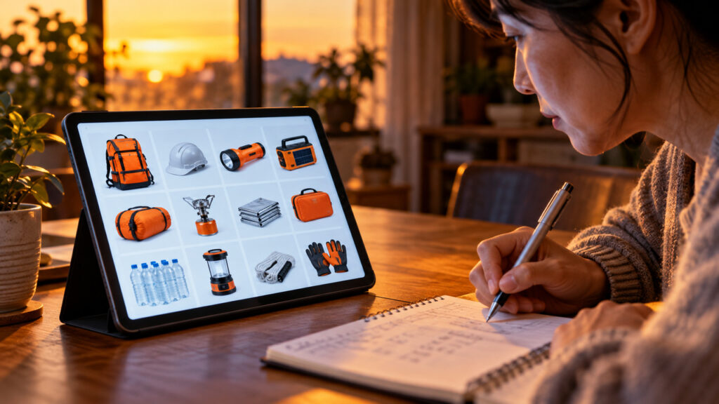 タブレットで電子カタログを見ながら品番と数量をメモするイメージ
