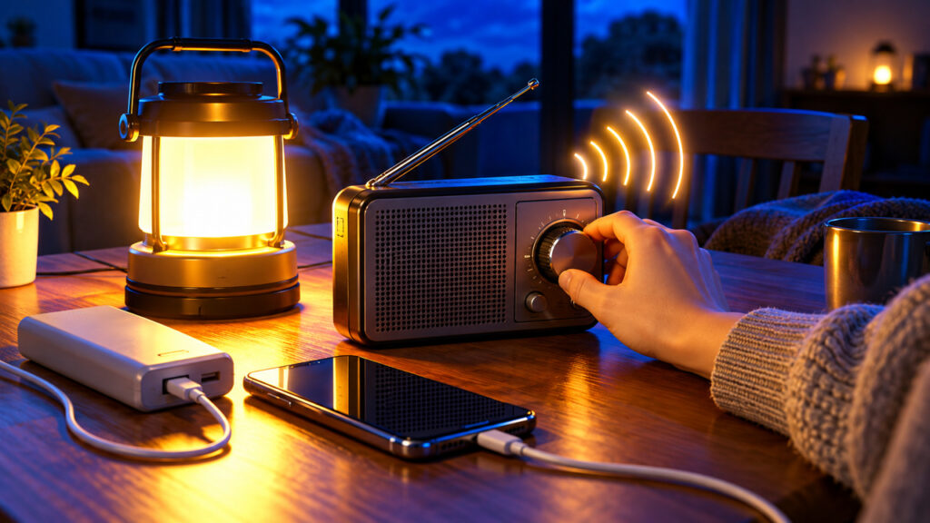 停電の夜にランタンの明かりの下でラジオを聞く手元を写した、二重に情報を確認する備えのイメージ