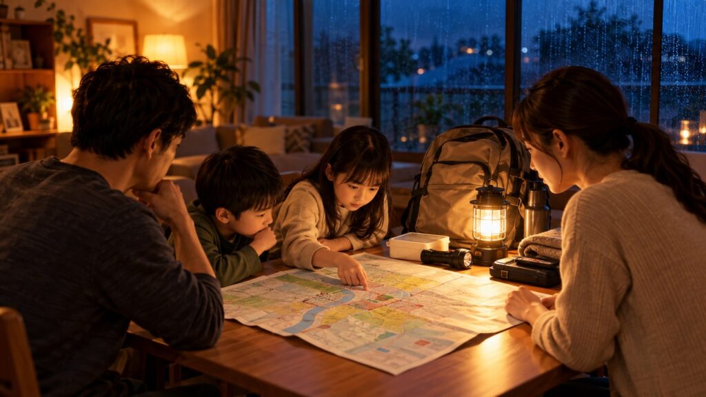 大雨の前に家族でハザードマップを広げ避難の目安を話し合う様子