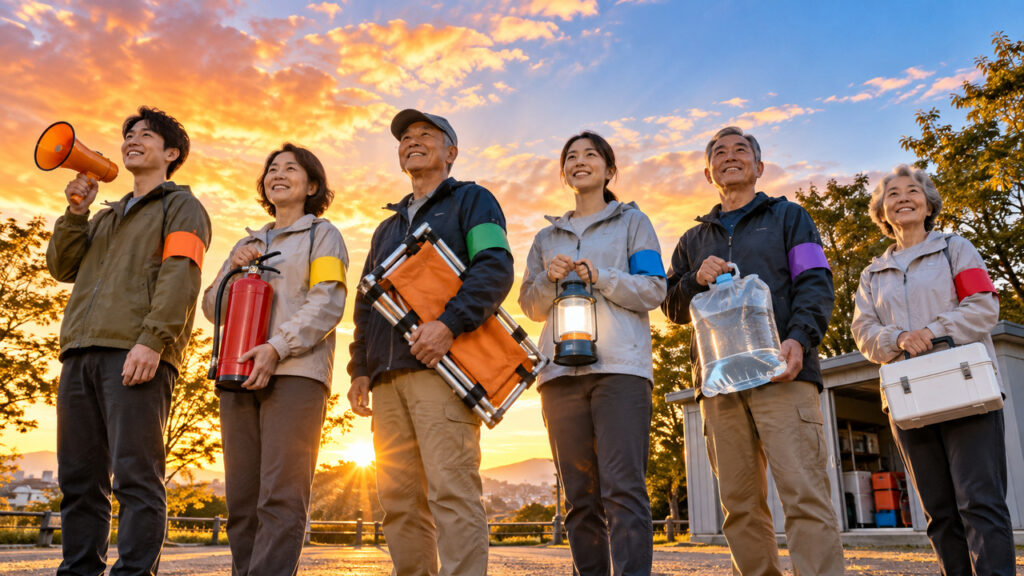 朝焼けの防災倉庫前で、班ごとの資機材を手にした地域住民が並ぶイメージ