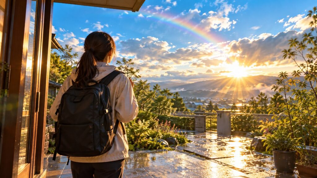 雨上がりの朝、玄関で防災リュックを背負って空を見上げる女性の後ろ姿