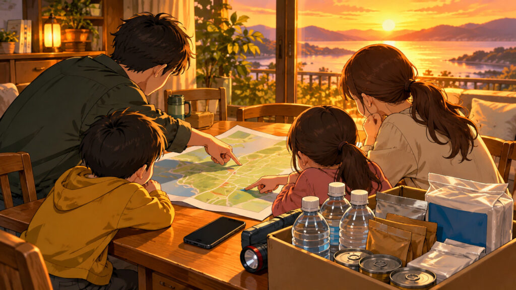 家族が夕方の食卓で避難場所や連絡方法を話し合っている様子を表したイメージ