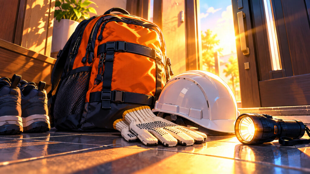 玄関にすぐ持ち出せる状態で防災リュックとヘルメットが並んだ備えのイメージ