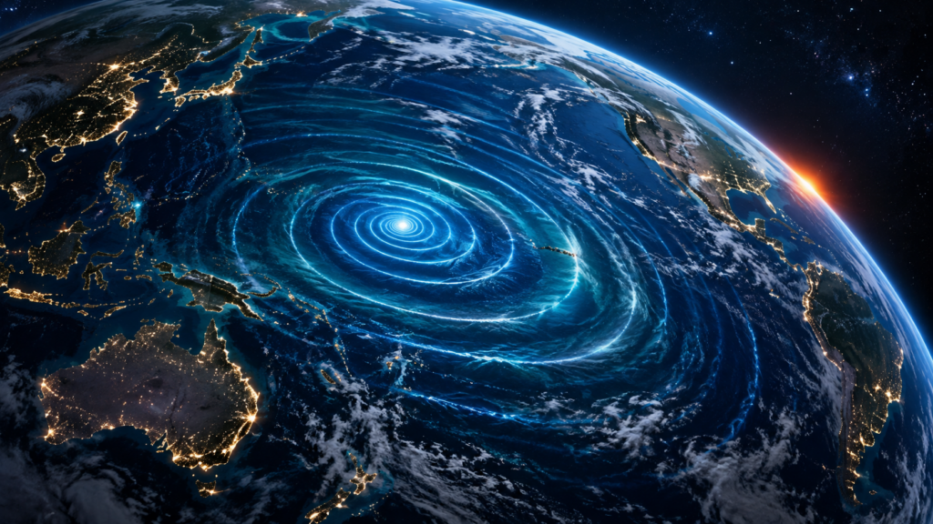 太平洋から広がる波紋と世界各地の灯りで、国際的な津波防災の日を表したイメージ