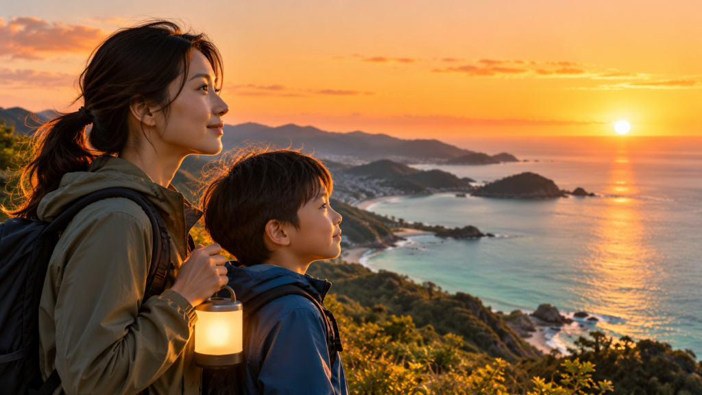 高台から穏やかな朝の海を見渡し、稲むらの火の教えを未来へつなぐ親子のイメージ