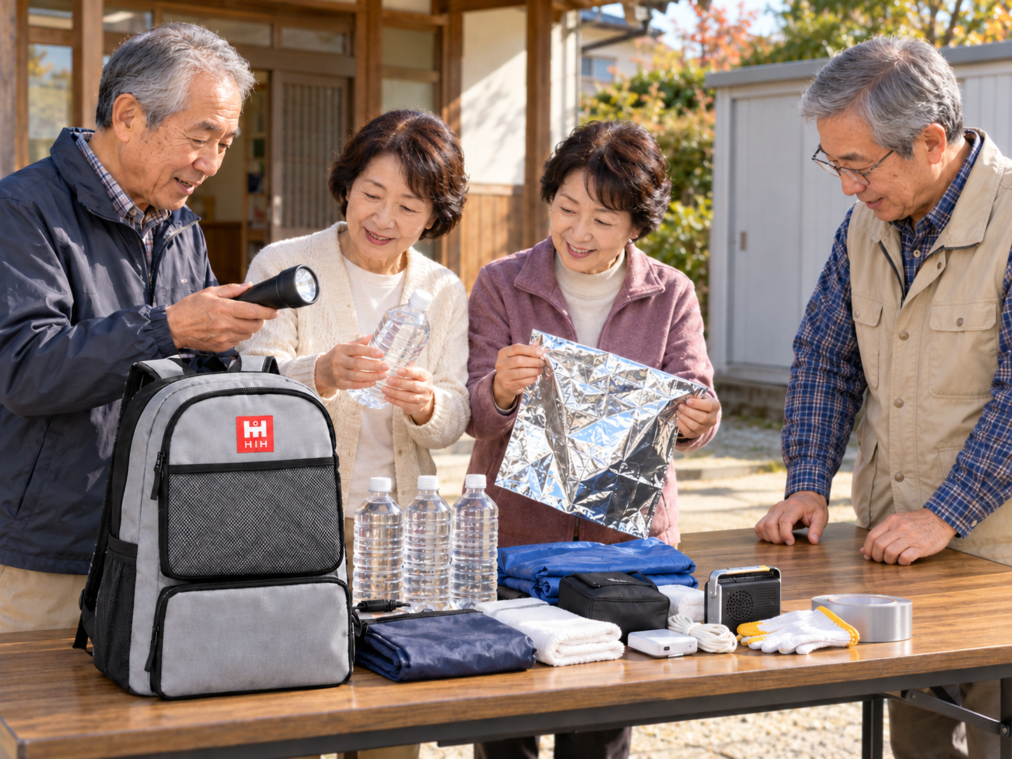 集会所の前で、町内会の役員さんたちが防災リュックの中身を確かめている様子