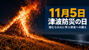 1月5日の津波防災の日に、稲むらの火が夜の高台で燃える様子を表したイメージ