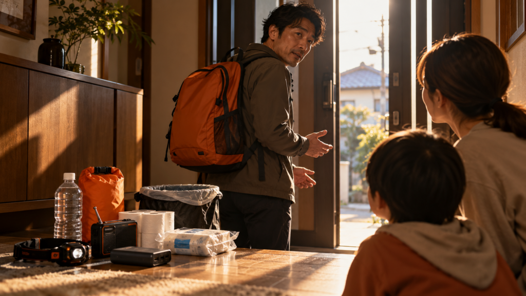 家族で避難ルートを歩きながら、ハザードマップで確認するイメージ
