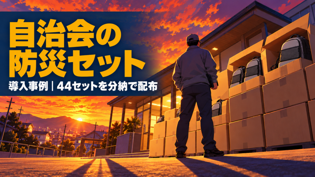 夕焼けの集会所の前に積まれた防災リュックの箱と、見上げる町内会役員のイメージ