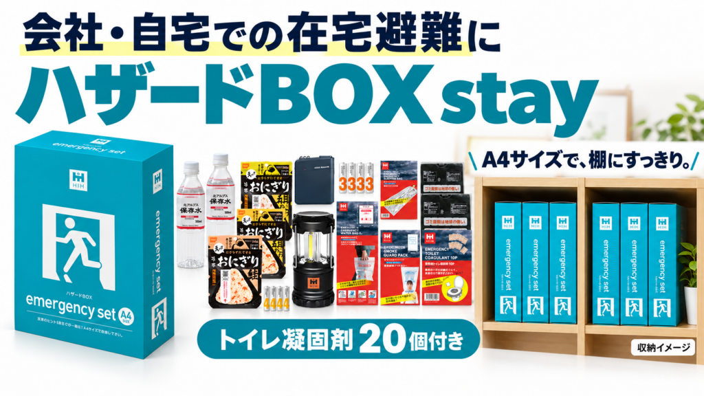会社や自宅での在宅避難に備えるHIHハザードBOX stay。A4サイズで棚にすっきり収納でき、トイレ凝固剤20個付きの防災セット