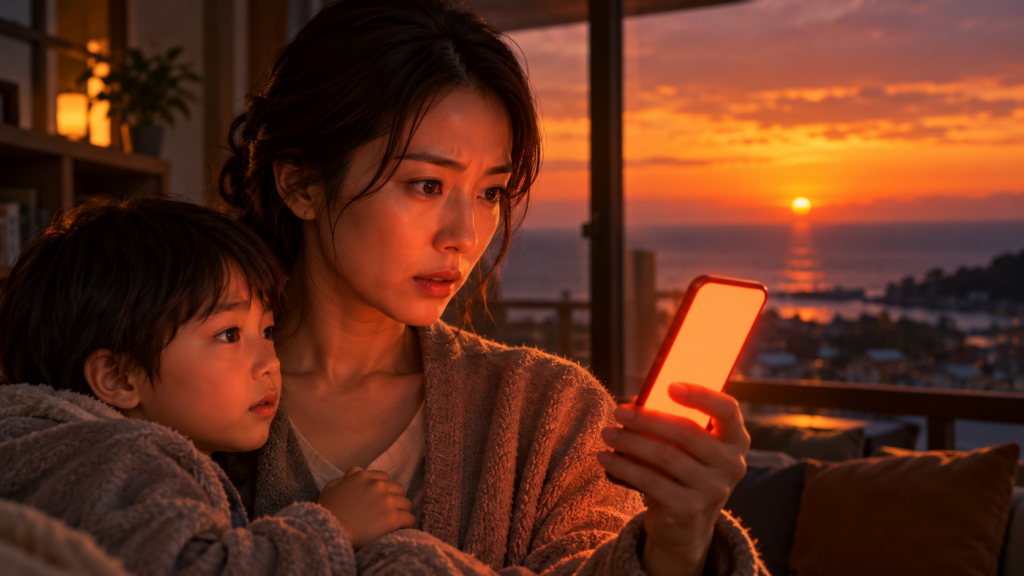 暗い部屋でスマートフォンの警報の光を見つめ、避難を判断する手元のイメージ
