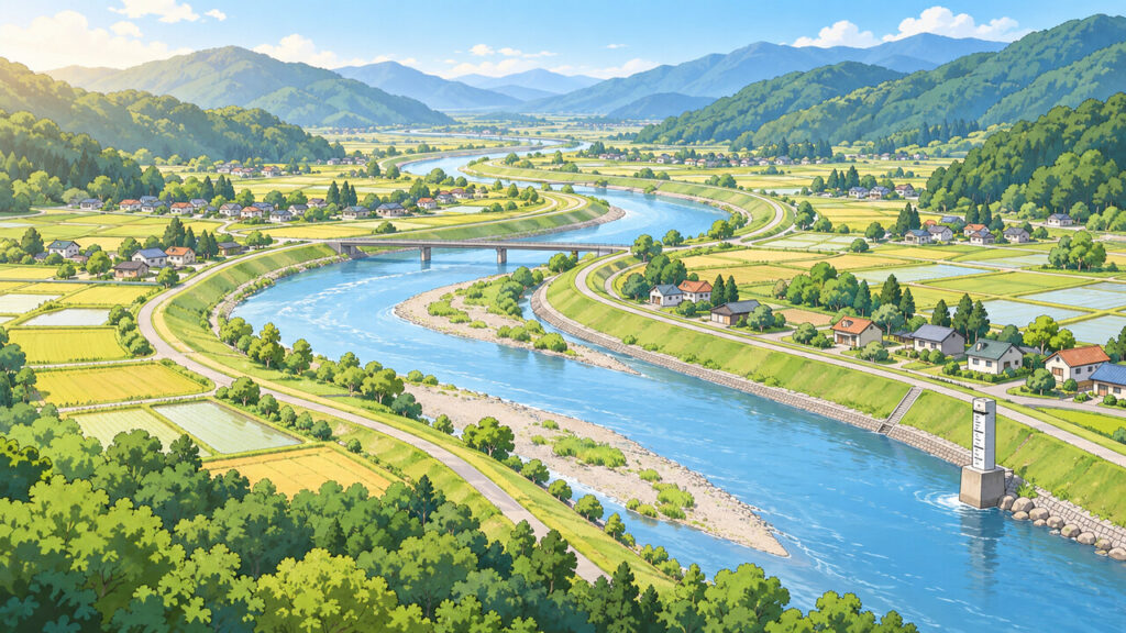 福島県の山あいを流れる川の流域を示す地図風イラスト