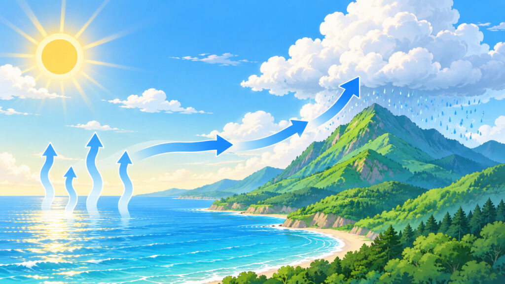 海からの水蒸気が山にぶつかって雨雲が育つ仕組みの図解イラスト
