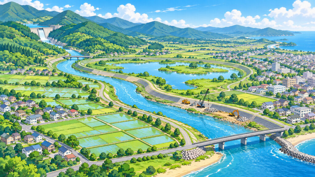 ダム・遊水地・堤防で流域全体を守る流域治水のイメージイラスト