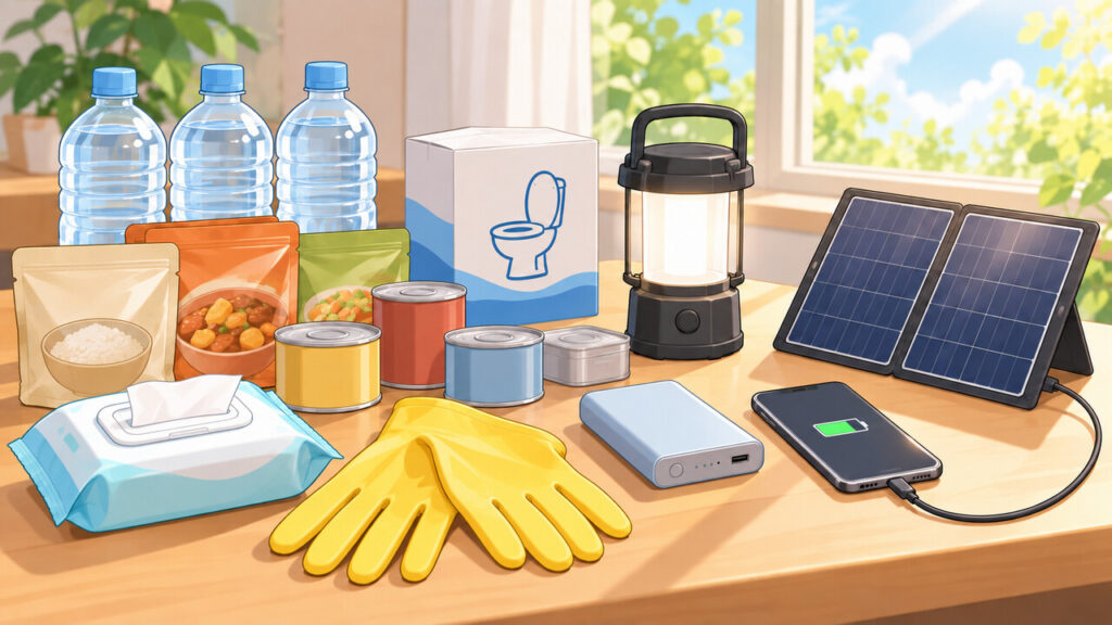 停電と断水に備えた水・携帯トイレ・ライト・モバイルバッテリーなどの備蓄品のイラスト