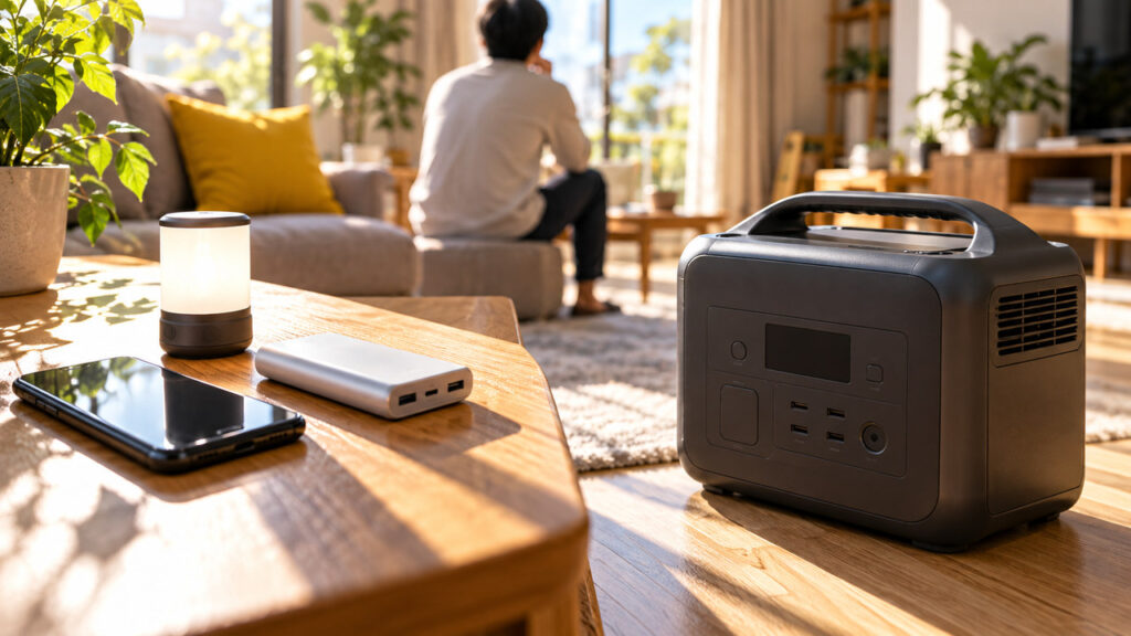 スマホ用の小さな備えと大きなポータブル電源を見比べて迷う人のイメージ