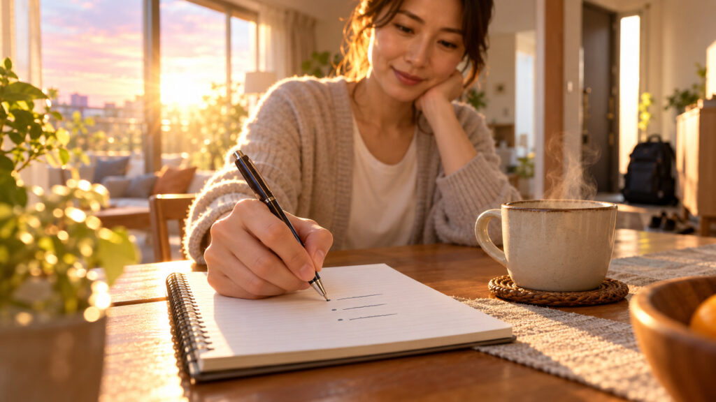 朝のリビングで、停電したら動かしたいものをノートに書き出す女性のイメージ