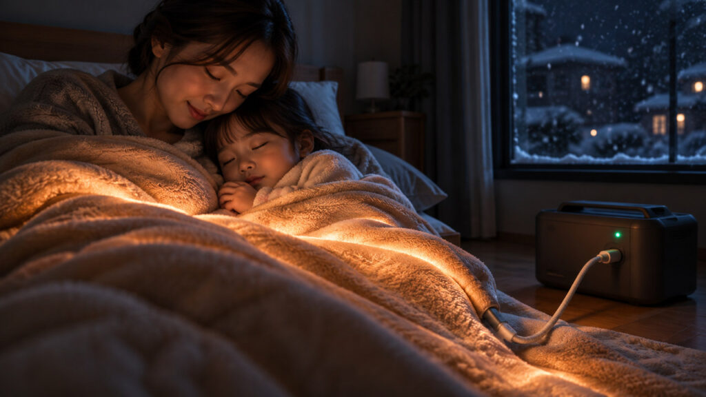 停電した冬の夜、電気毛布で暖をとる親子のイメージ