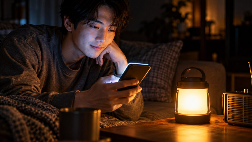 停電の夜、スマホとLEDランタンの明かりで落ち着いて過ごす男性のイメージ