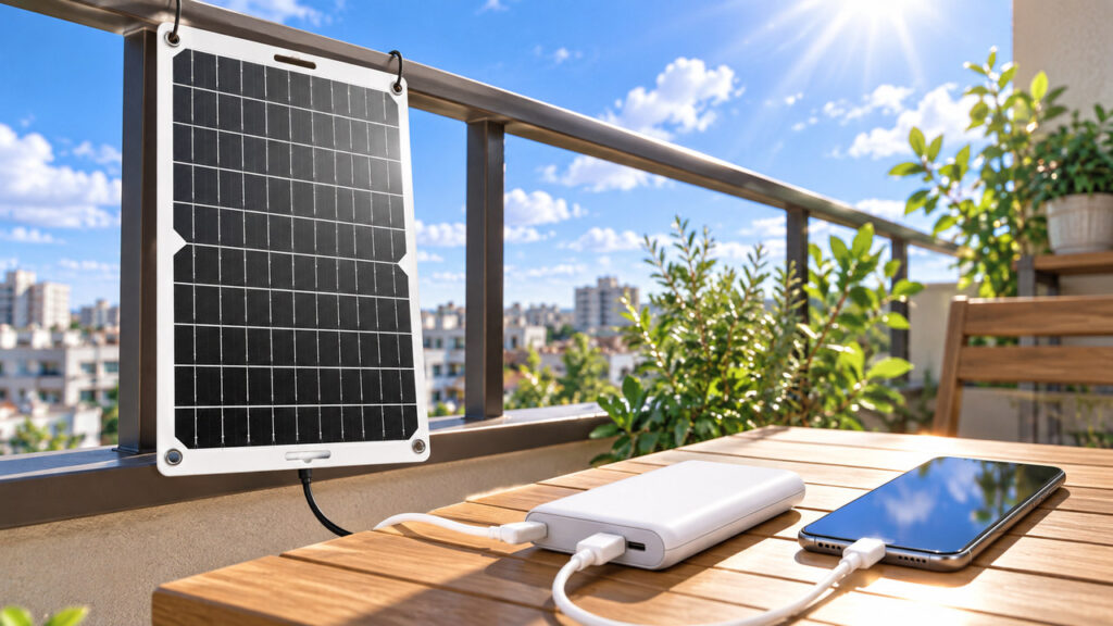 ベランダでソーラーパネルの日光を使い、モバイルバッテリーとスマホを充電するイメージ