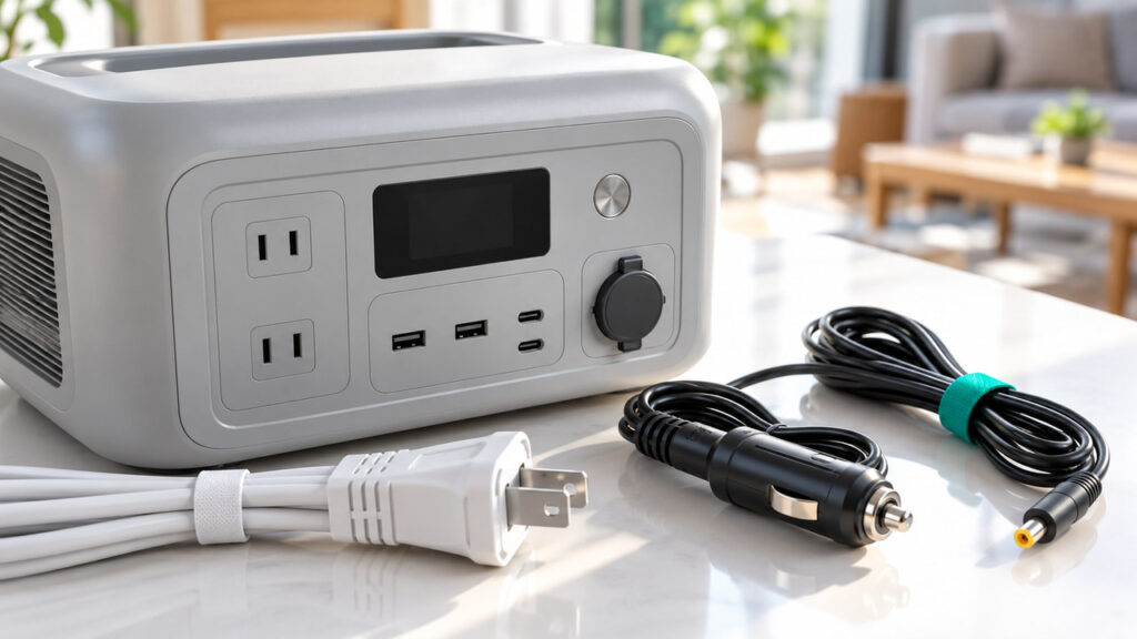 ポータブル電源と、さまざまな充電方法のケーブルを並べたイメージ