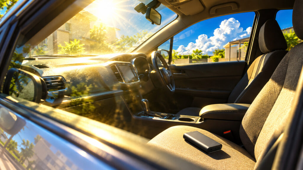 真夏の直射日光で高温になった車内に、バッテリー機器が置かれたイメージ